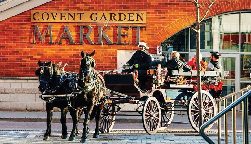 Family on a horse and carriage ride on Covent Market Lane