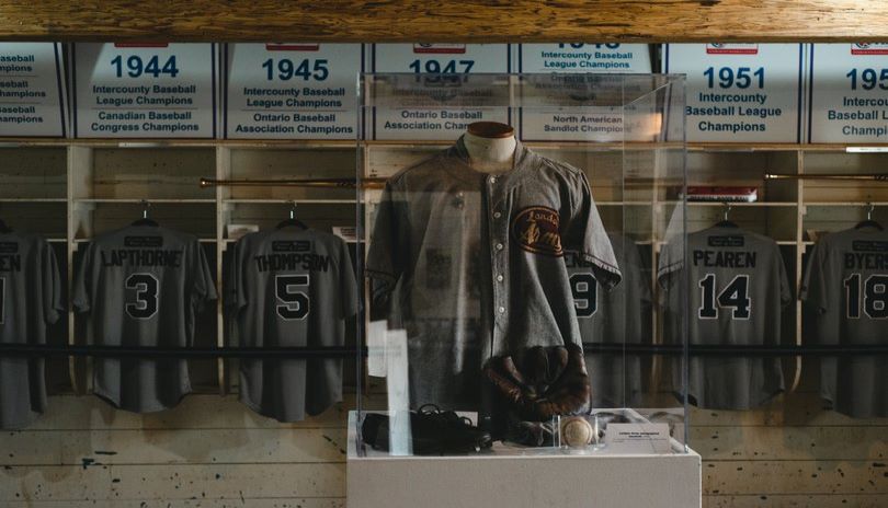 A display showing vintage baseball uniforms in Labatt Memorial Park located in London, Ontario