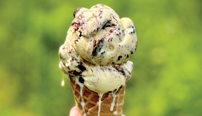 Hand holding chocolate ice cream in a cone