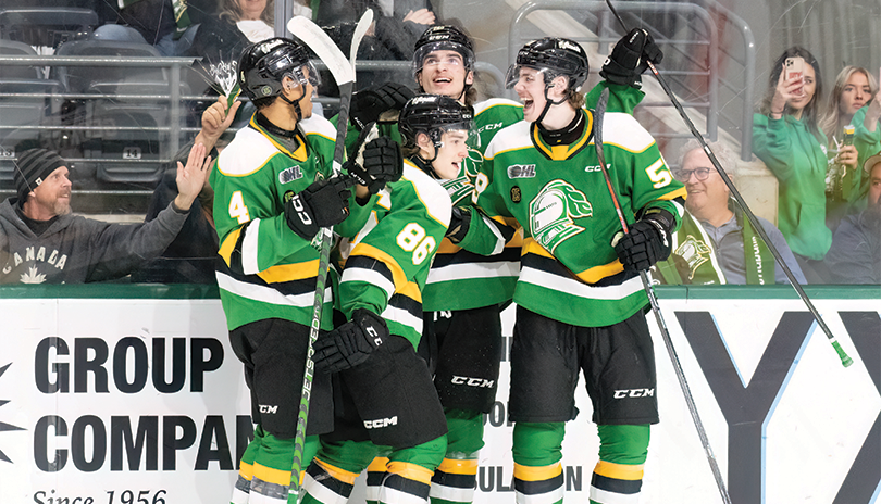 London Knights players celebrate a goal at Budweiser Gardens