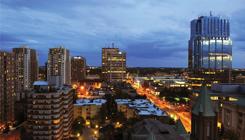 Shot of London, Ontario skyline at night