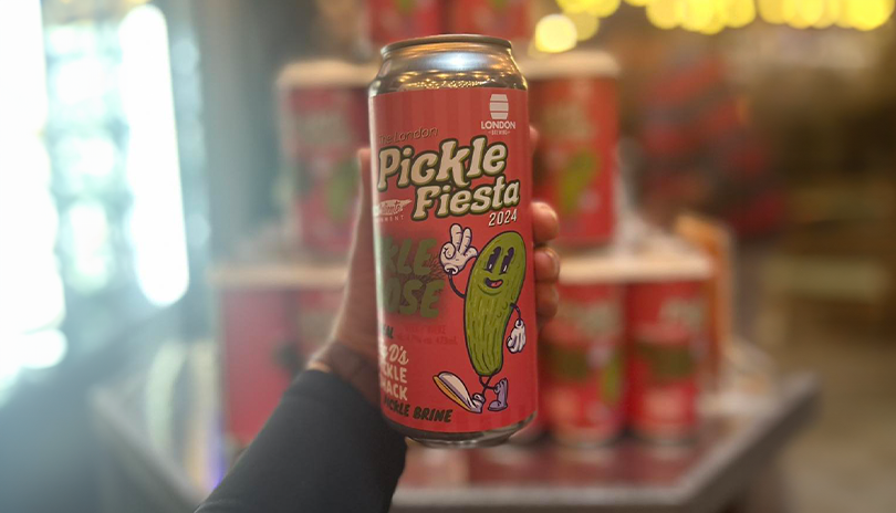 A can of dill pickle beer made by London Brewing for the London Pickel Fiesta