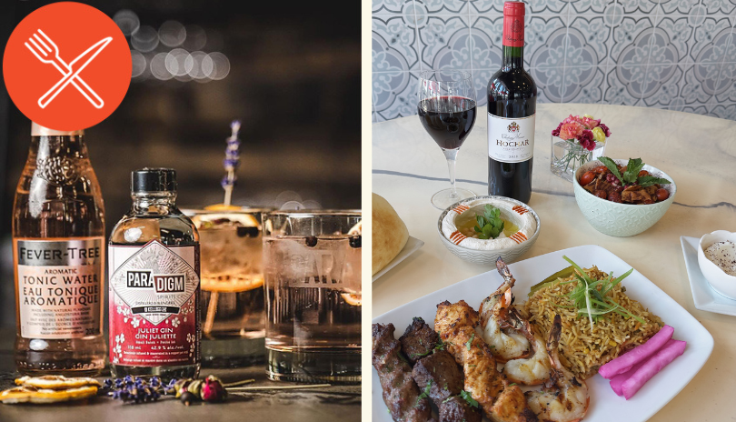 Mixed drink glasses with a bottle of gin from Paradigm Spirits resting on top of a table and an above view of a table with two wine glasses, soup and a variety of Lebanese food items from Yasmine's  - both located in London, Ontario, Canada
