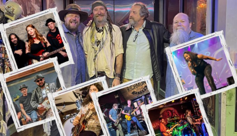 Collage of musicians performing live with central group photo surrounded by vibrant stage moments.