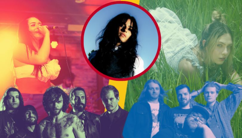 Collage of diverse musicians and bands performing, with vibrant color overlays and outdoor scenes.