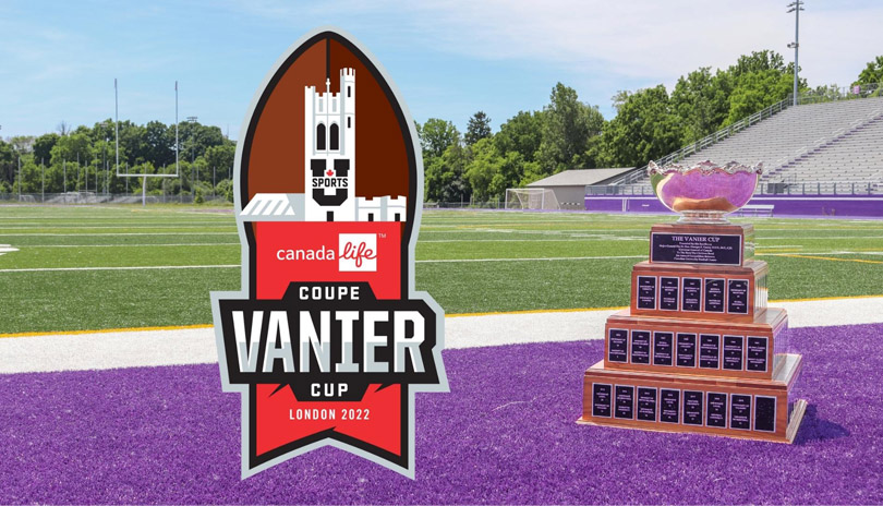 Vanier Cup trophy sitting on the Alumni Stadium field at Western University