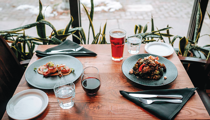 Table set for two with dinner served