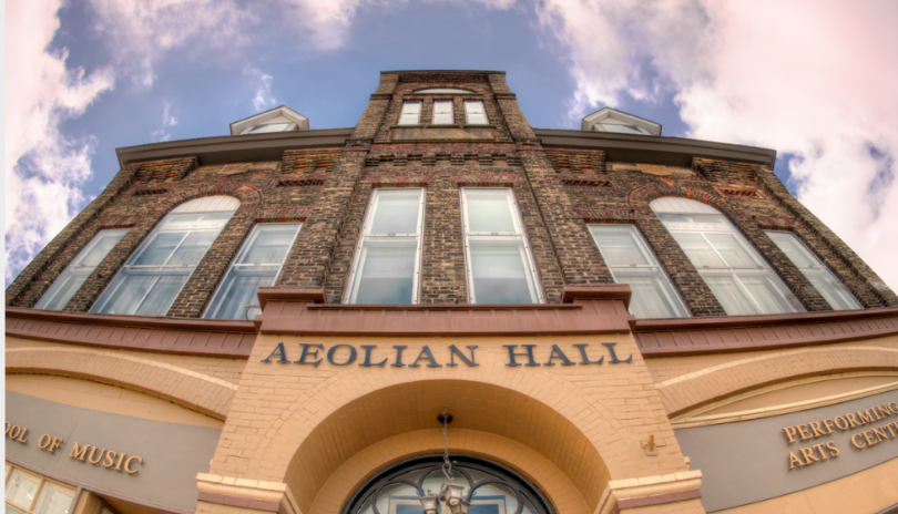 A fisheye view looking up at the historic Aeolian Hall music venue in London, Ontario.