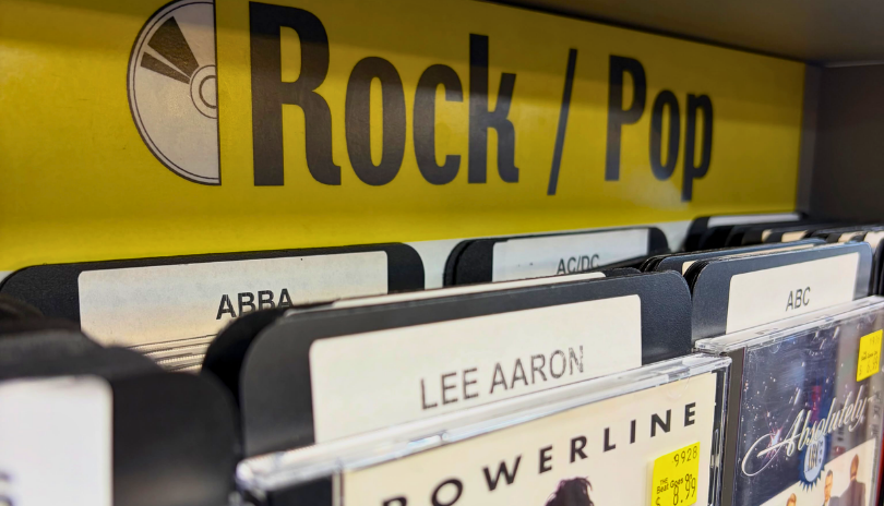 A display of rock/pop albums at The Beat Goes On in London, Ontario. 