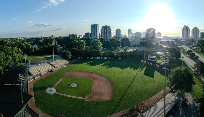 An aerial view of Labatt Memorial Park on a bright summer day located in London, Ontario