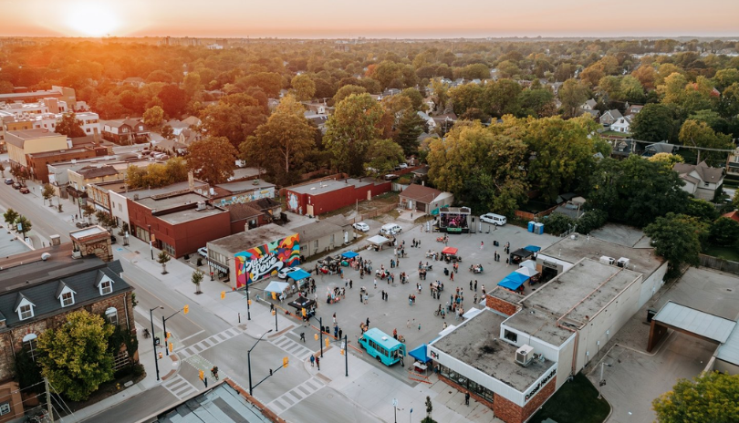 An aerial shot of Old East Village in London, Ontario at sunset.