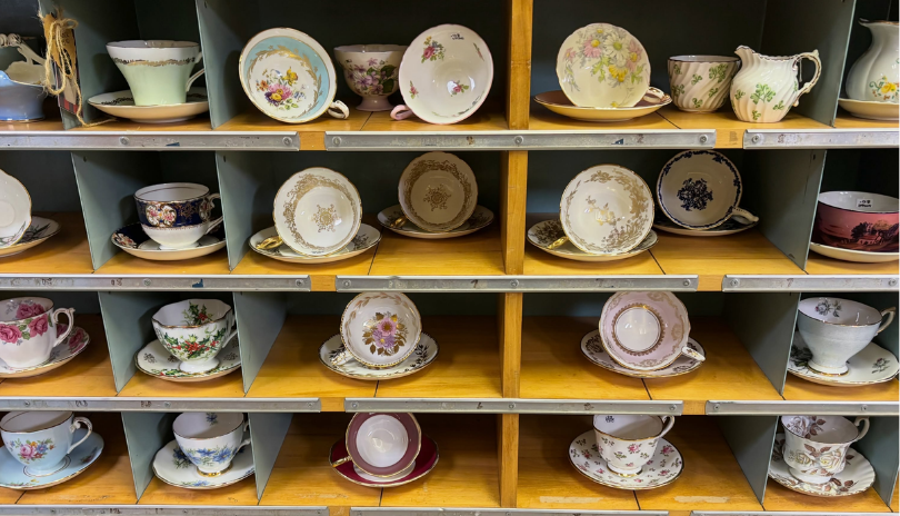 Shelves of vintage teacups at Pickin' Through The Past in London, Ontario.
