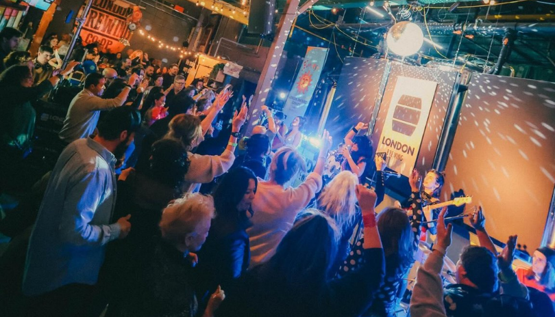 A dancing crowd at a Sunfest concert at London Brewing in London, Ontario.