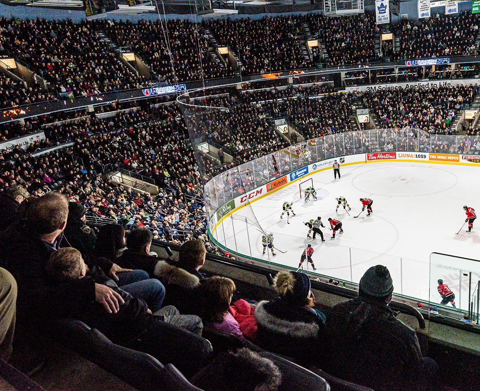 hockey game being played watched by an audience