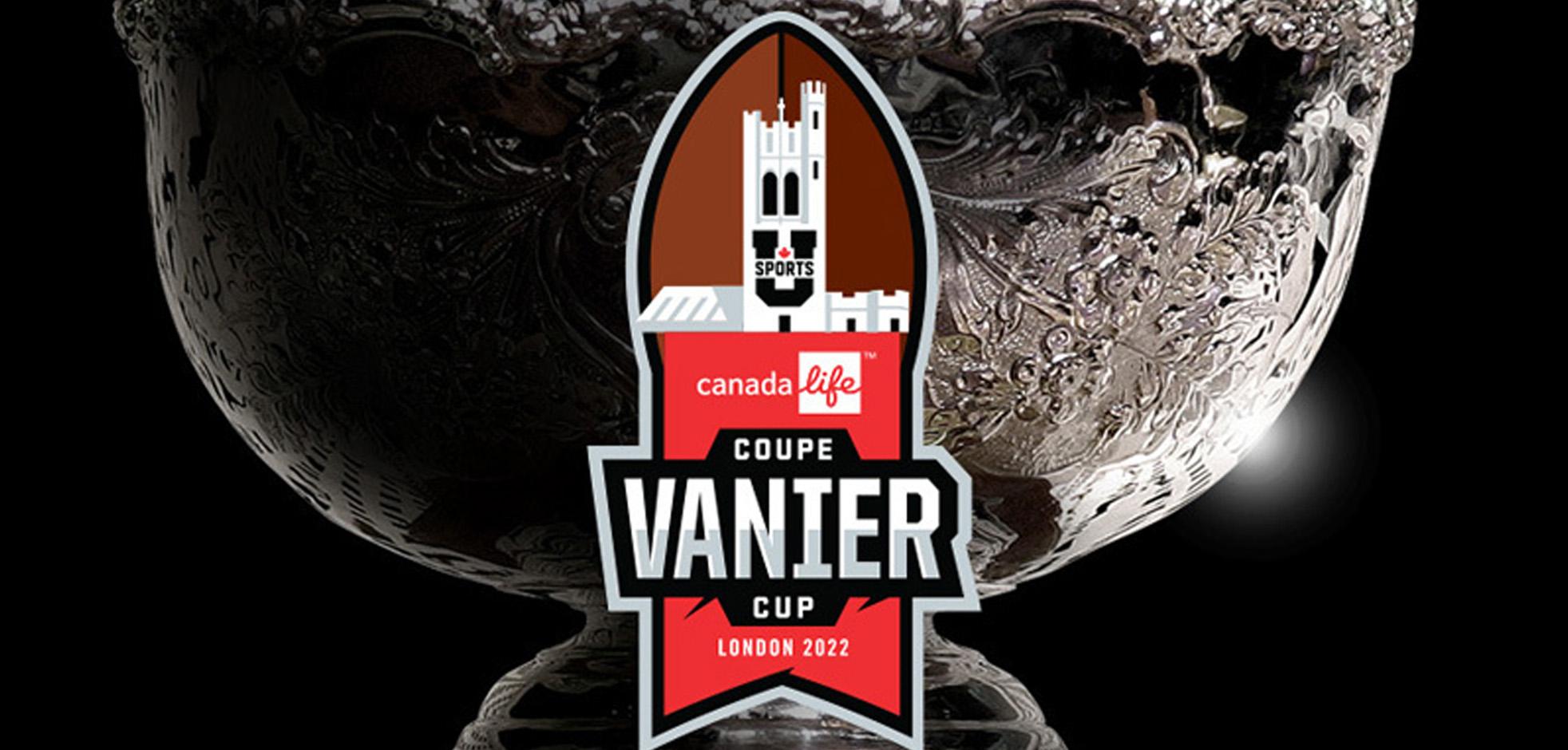 The 2022 Canada Life Vanier Cup event logo in front of the Vanier Cup Trophy