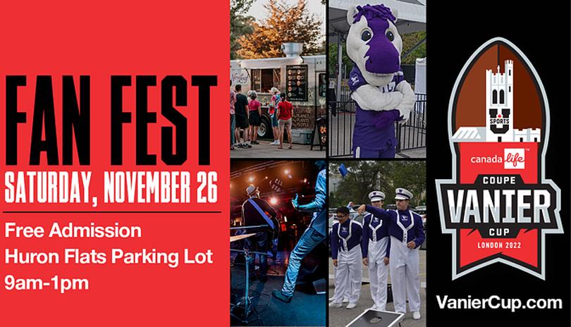 Collage photo for the 2022 Canada Life Vanier Cup Fan Fest featuring musicians, a mascot, a food truck and band members playing corn hole.