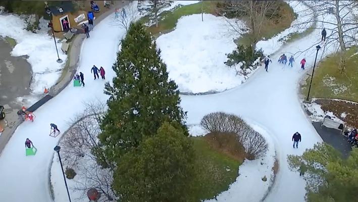 Aerial view of the skating rink located at Storybook Gardens in London, Ontario