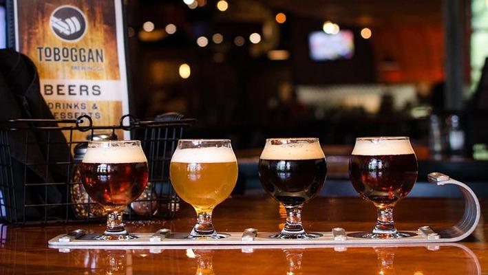 A tasting flight beer sampler from Toboggan Brewing Company located in London, Ontario