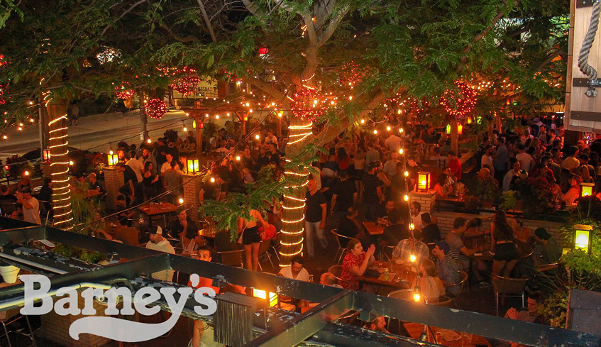 An overhead view of Barney's Patio at night with large groups of people sitting and standing, located in London, Ontario