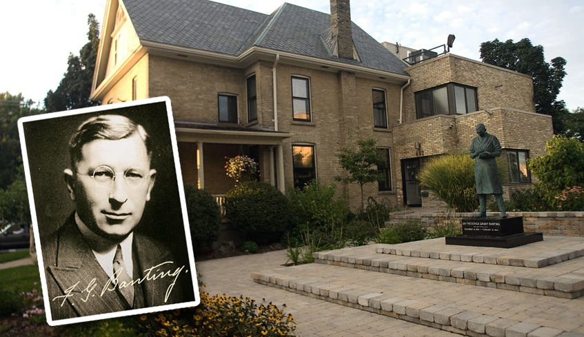 The exterior view of the historic Banting House and statue of Sir Frederick Banting located in London, Ontario