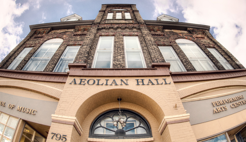 The exterior view of the main entrance of Aeolian Hall located in London, Ontario