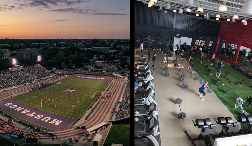 Aerial view of a packed TD Stadium during a football game and the interior of REV3K Fitness Centre with people exercising and lifting weights both locations london, Ontario