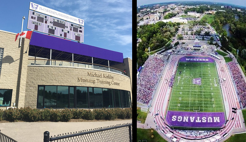The main entrance of the Michael Kirkley Mustang Training Centre and an aerial view of  a packed TD Stadium during a Western Mustangs football game