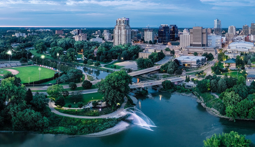 An aerial view of downtown London, Ontario