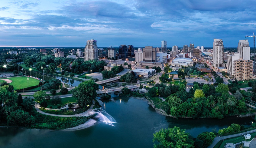 An aerial view of downtown London, Ontario in the summer season