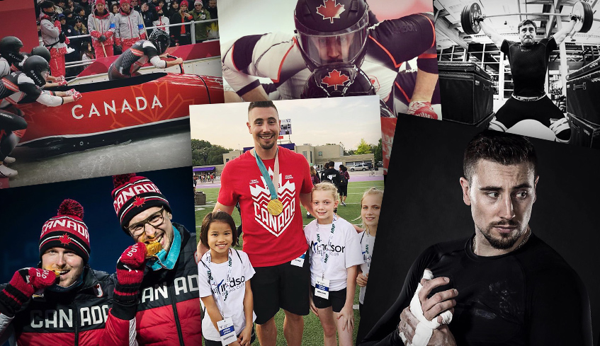 A montage of various photos of olympian Alex Kopacz