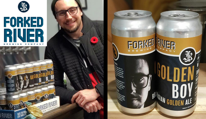 Olympian athlete Alex Kopacz standing beside a case of Golden Boy beer cans from Forked River Brewing Co.Forked River Brewing Company